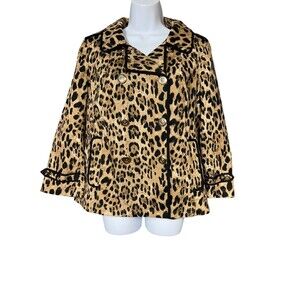 White House Black Market Leopard Print Jacket 12 Double Breasted Stretch Cotton